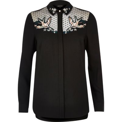 Black swallow embroidered mesh collar shirt